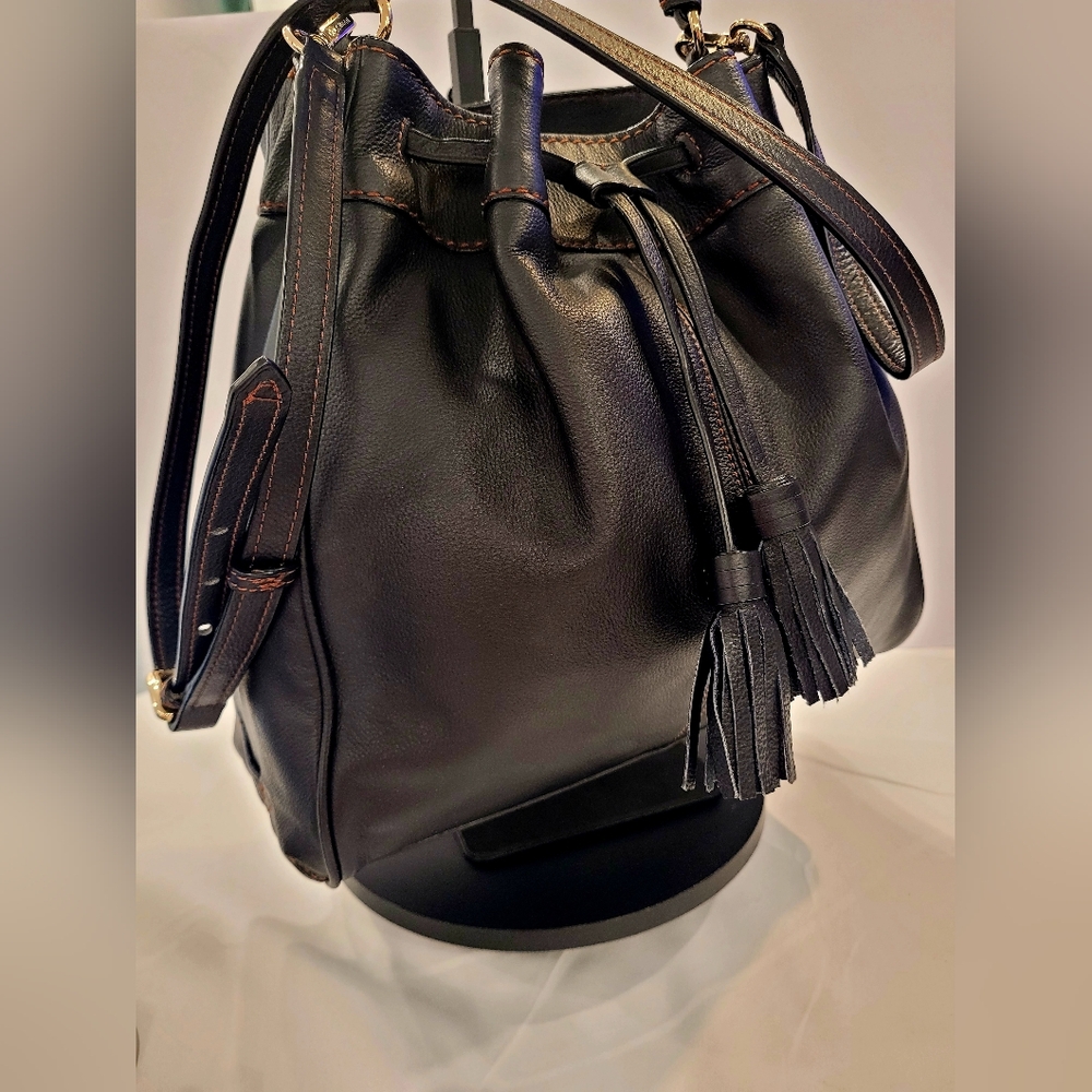 Cole Haan Black Leather Drawstring Hobo with Tassels